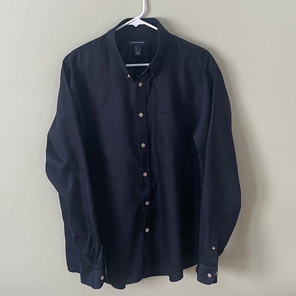 Lands' End Black Cotton Button Down Long Sleeve Shirt (Large)